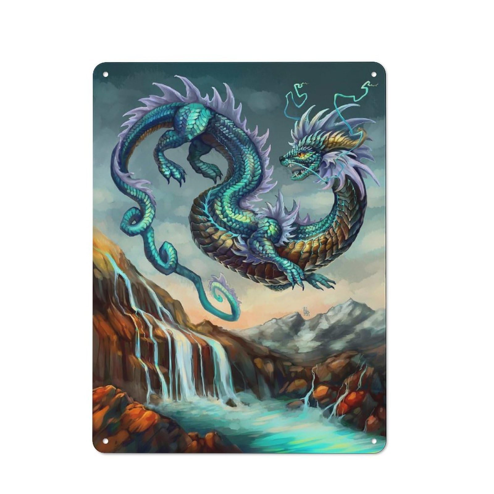 Junmoney Style-14 Water Elemental Dragon Rustic Metal Sign 40X30cm For Garden Room Or Summerhouse, For Themed Interiors In Garden Rooms And Summerhouses