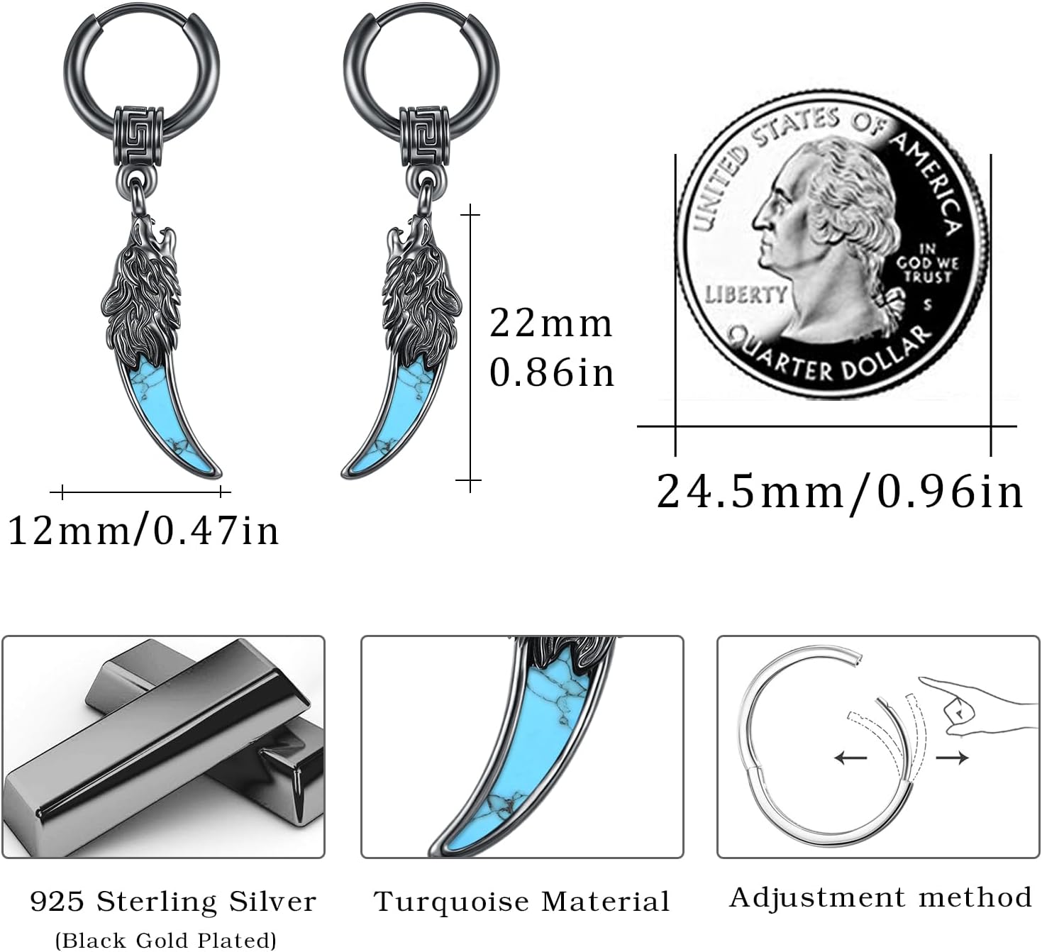 MEDWISE Black Hoop Earrings for Men 925 Sterling Silver Celtic Wolf Earrings Huggie Men's Hanging Abalone Shell Jewelry Gift for Women Men Husband Brother Unisex Birthday Christmas Gifts