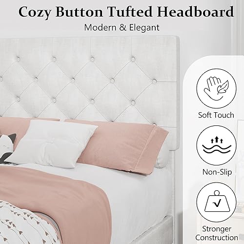 Miniatura 98 de BarnFurin Base de cama de tamaño matrimonial con cabecero, cama de plataforma tapizada con cabecera capitonada con botones ajustables, marco de cama