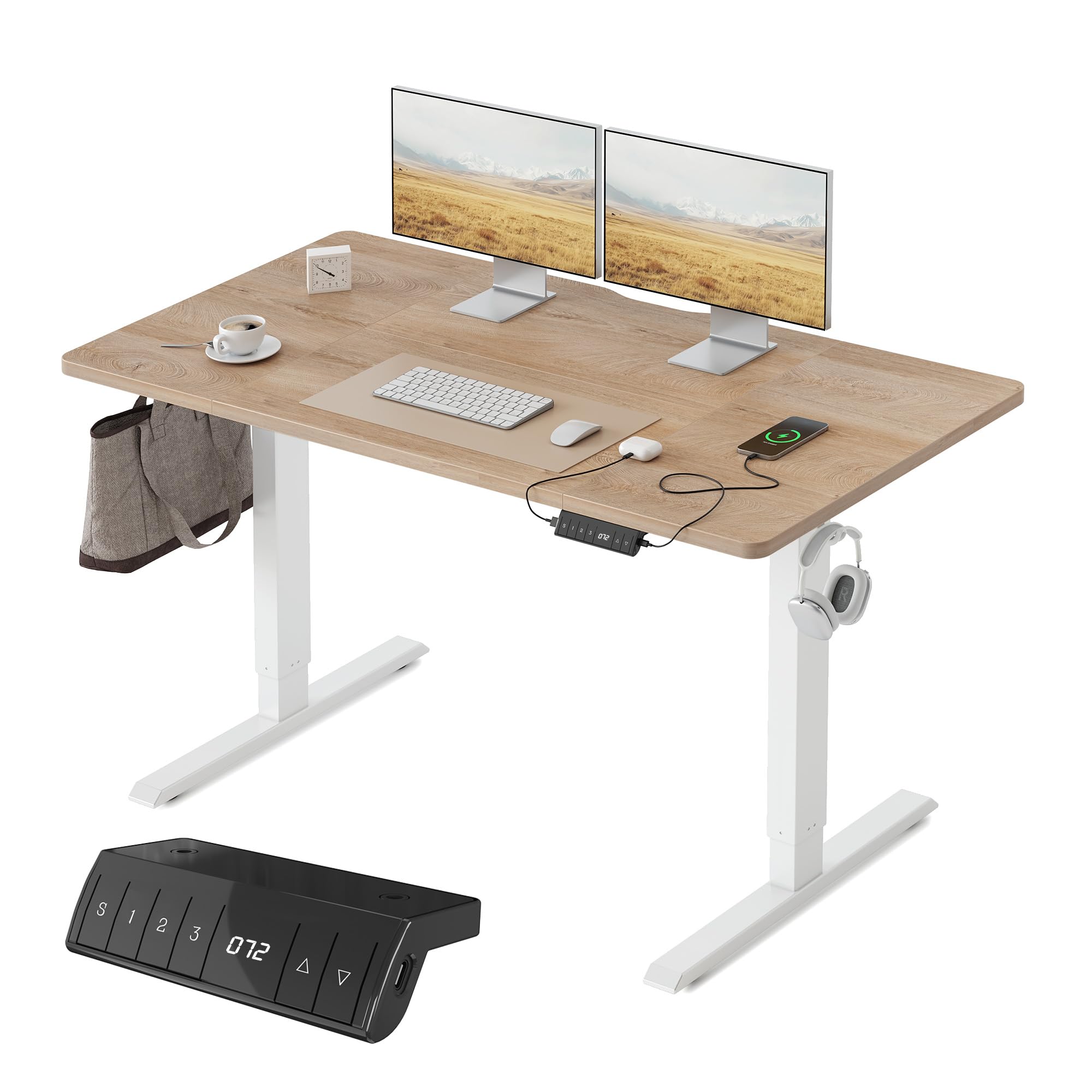 FEZIBO Bureau Assis Debout avec Ports de Charge USB-A et USB-C - 140 x 70 cm - Bureau électrique réglable en Hauteur - Standing Desk- Chêne