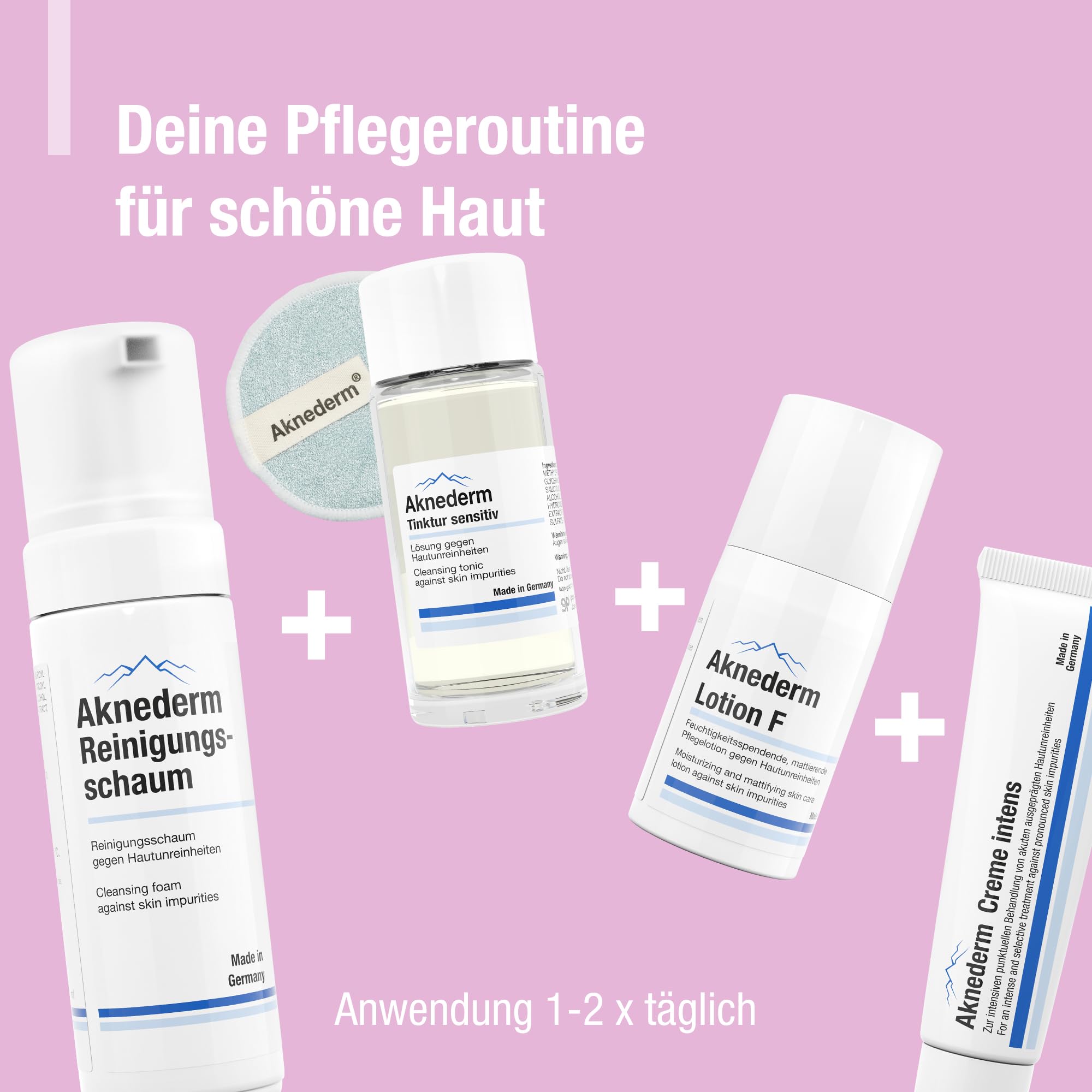 aknederm Premium Set intens für sensible Haut - Set mit Tinktur sensitiv/Reinigungsschaum/Lotion F/Creme intens & Reinigungspads - natürliches Skincare Set - ideal zur Akne Behandlung 230ml
