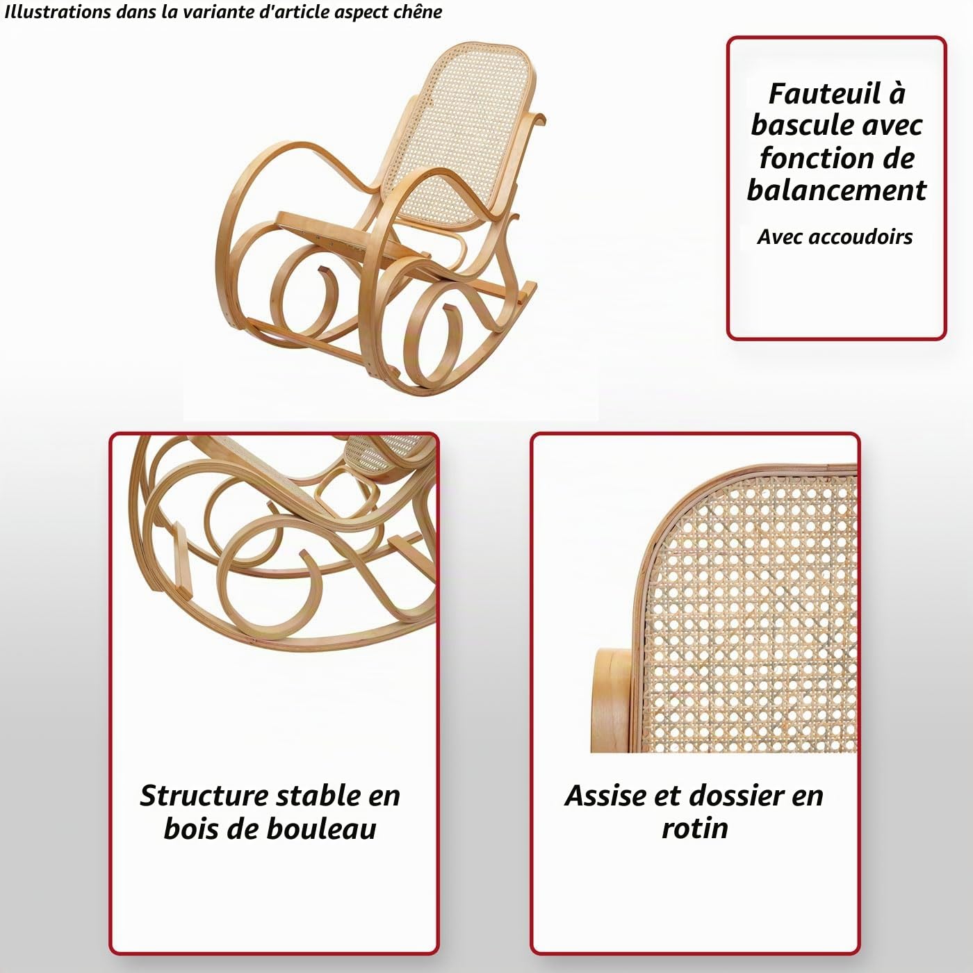 Mendler Fauteuil à Bascule M41 rotin en Bois Massif Aspect chêne