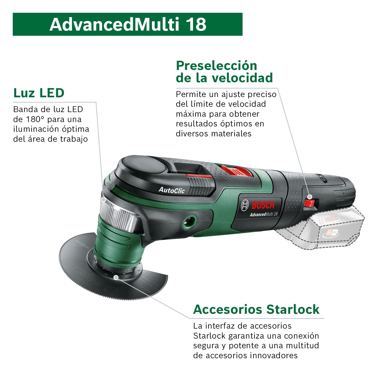 Bosch Multiherramienta a batería AdvancedMulti 18 (Sin batería, placa lijadora delta, set de hojas de lija, 2 hojas de sierra, empuñadura adicional, caja de cartón, sistema de 18 V)