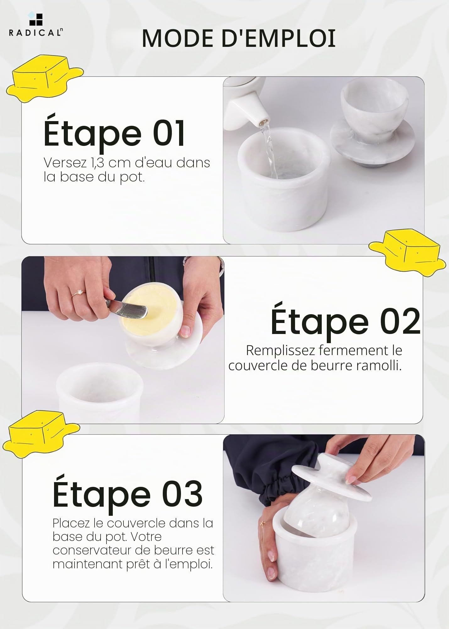 Radicaln Pot à beurre en marbre 10,8 cm, blanc fait à la main pour comptoir de cuisine, pot à beurre idéal pour comptoir avec eau et beurre pour la cuisine