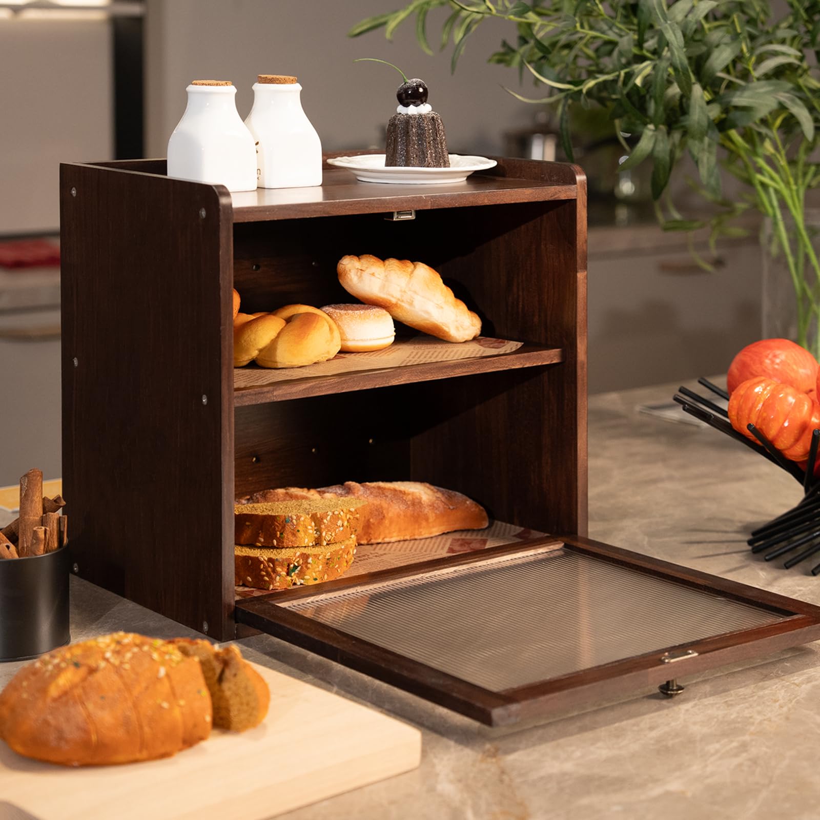 Kiefernholz Brotkasten Groß mit 50 Deli-Papier, Holz Brotkästen mit Belüftung, Brotdose für Brot & Obst, Ästhetische Aufbewahrungsbox für Küche, 36 x 24 x 34 cm, 3.5 kg