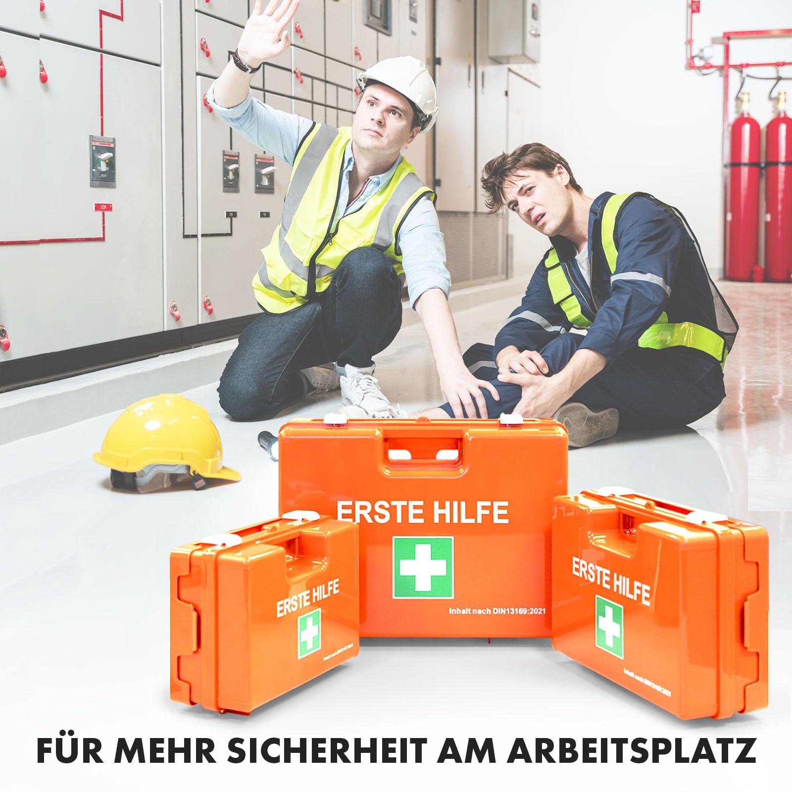 KARAT Trousse de Premiers Secours Moyenne DIN 13169 pour Entreprise & Domicile - Kit de Secours Complet avec Support Mural pour Bureaux Restauration, Capacité jusqu'à 100 Personnes (32 x 22 x 13 cm)