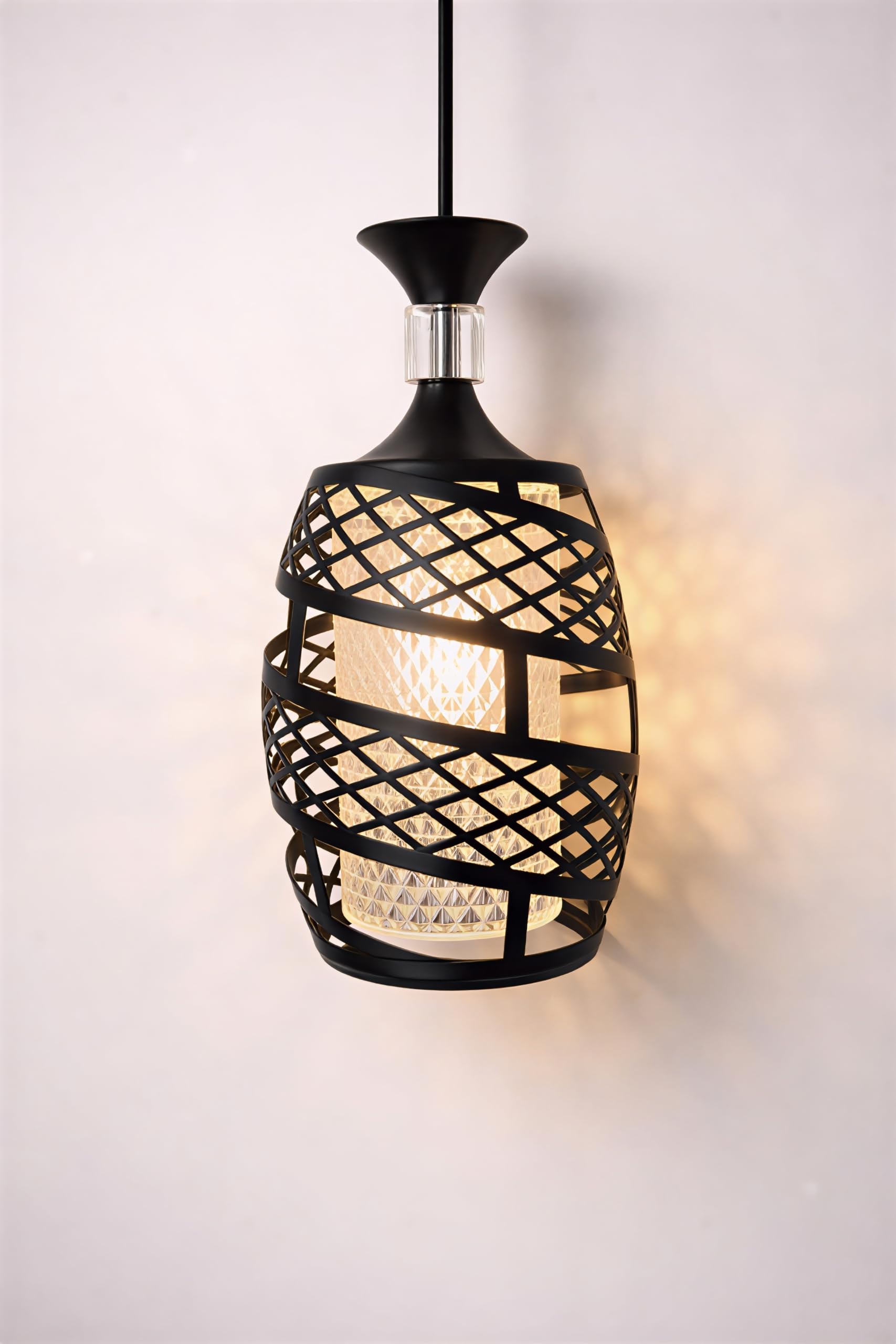 Black Metal Lattice Pendant Lamp with Crystal Glass Shade, Decorative Ceiling Hanging Light-image-34