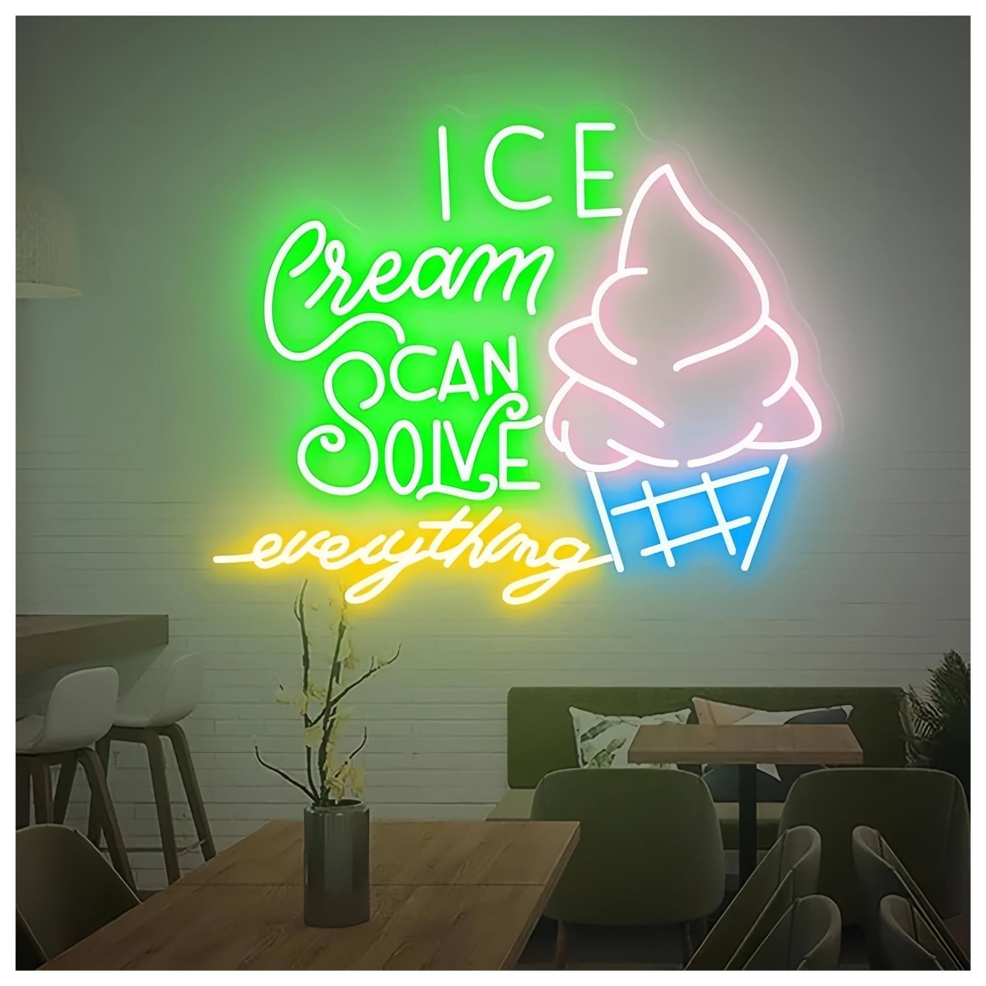 SHOUXI Sign Lamp Ice Cream Solves Everything Neon Sign Ice Cream Store Wall Decor Neon Sign Cafe Bar Decoration Neon Light(E,55CM)