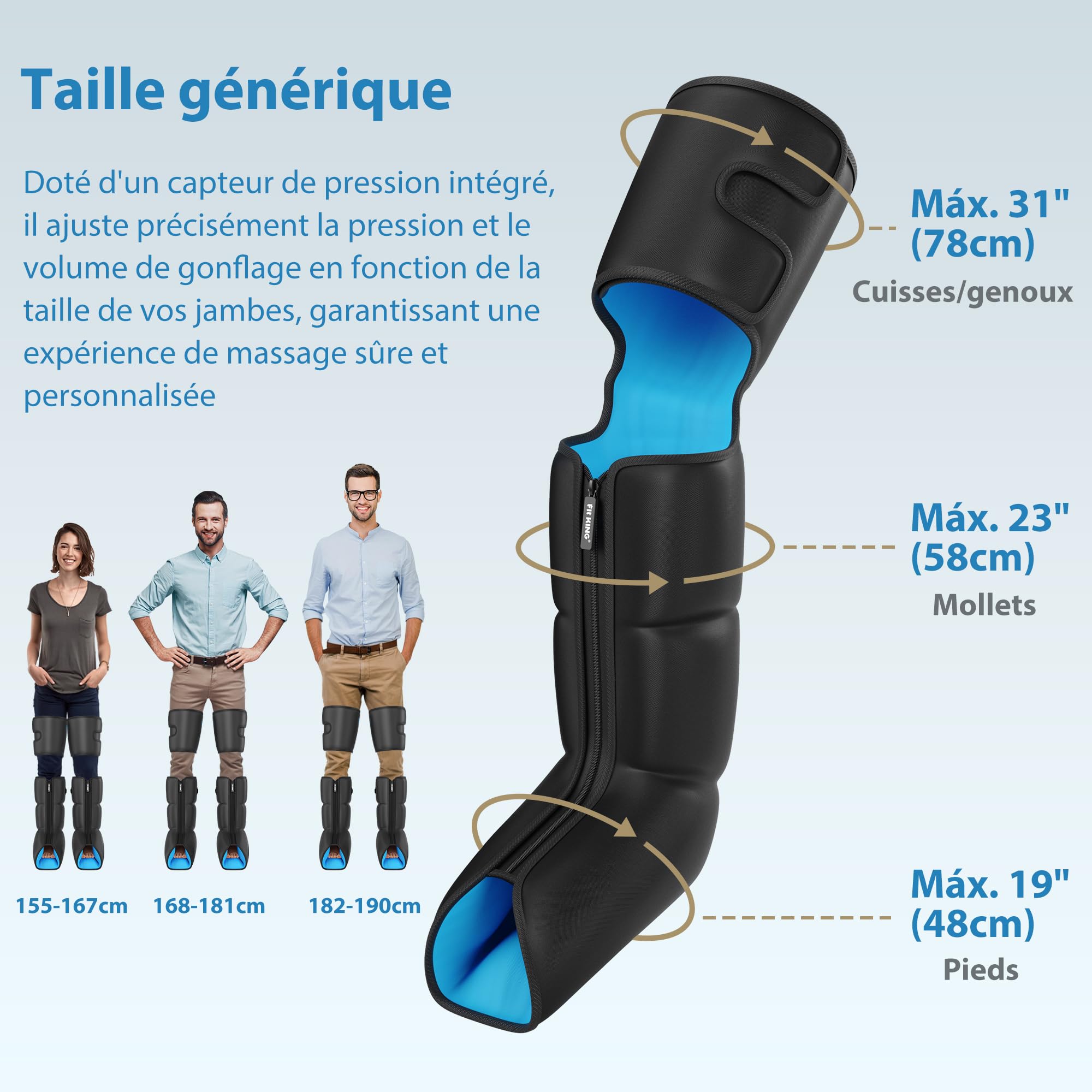 FIT KING Bottes Pressothérapie et Chauffage, Massage des Jambes 3-en-1 avec Compression d'Air, Amélioration de la Circulation et Récupération Musculaire 3 Niveaux de Chaleur, 3 Modes de Massage