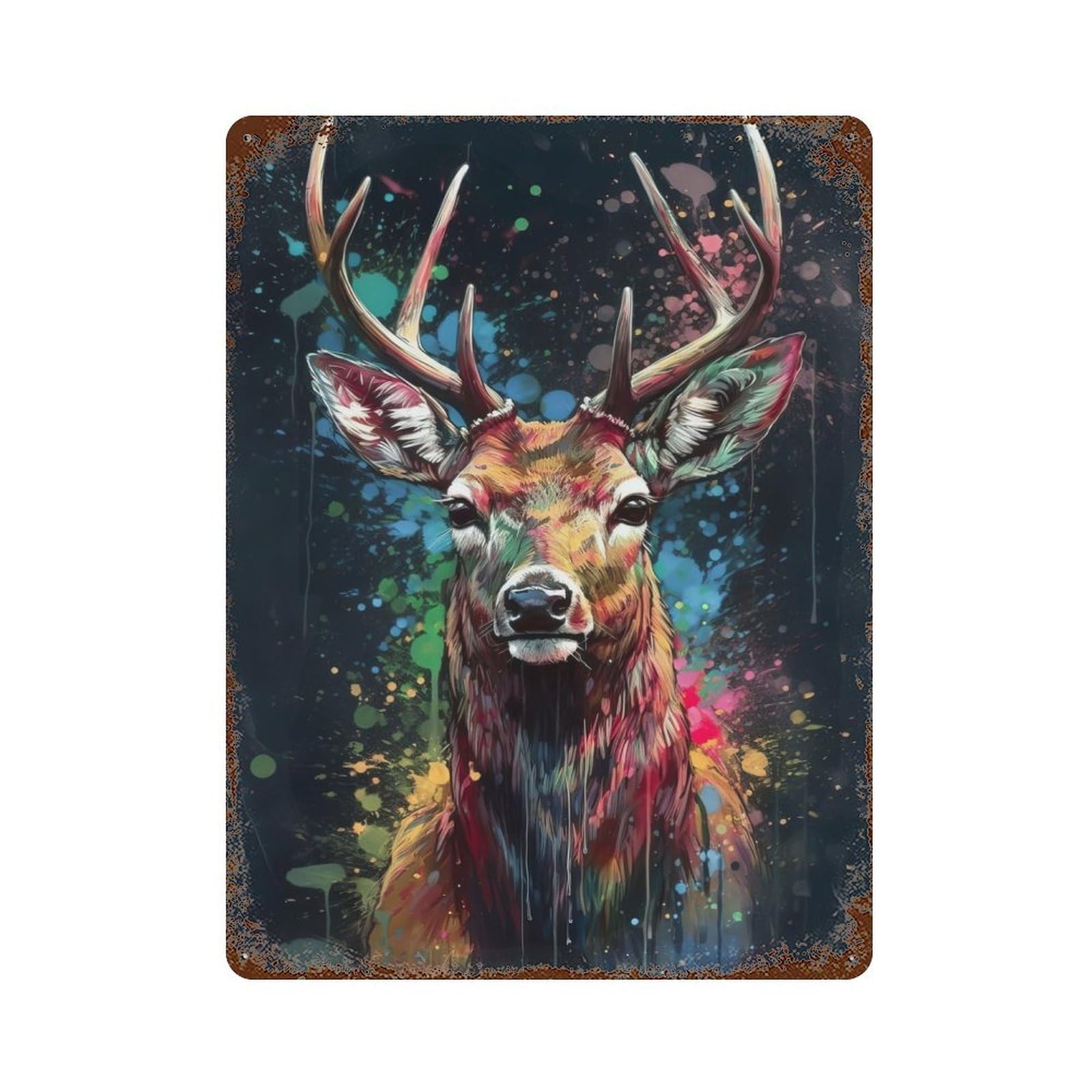Deer Painting Rust Effect Tin Sign 15.7"x11.8", Novelty Wall Decor for Garage, Pub Or Kitchen