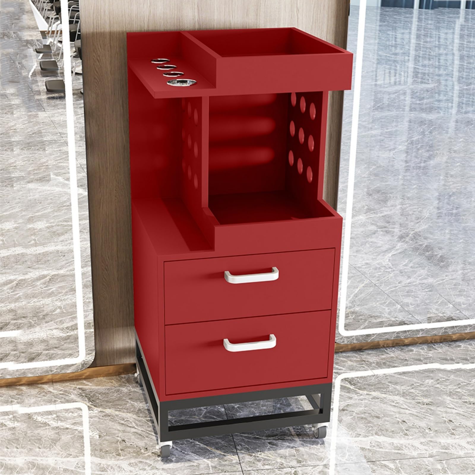 Carrello portaoggetti per parrucchiere, carrello mobile per postazione da salone,custodia per trucco mobile,postazione per strumenti parrucchiere con cassetti e porta asciugacapelli(Red)
