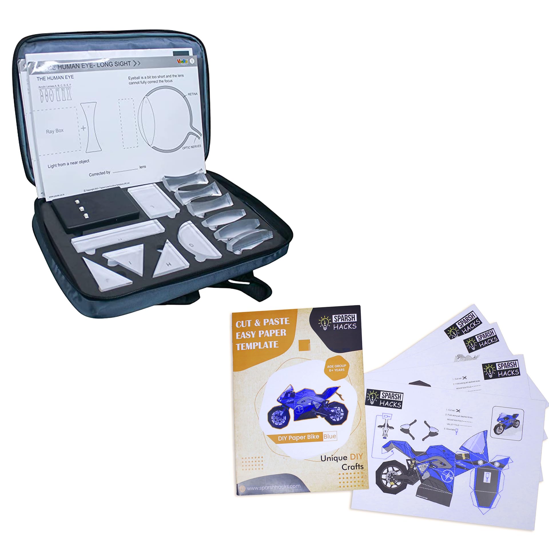 Light and Optics Class Demo Kit & 3D Motorbike Paper Template Combo | Experience The Concepts of Lenses | 12 Acrylic Lenses with Ray Box | DIY Paper Craft Kit for Kids | Gift for 8+ Year Old