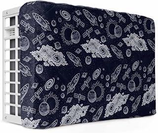 Indoor Air Conditioner Cover, Navy Blue Rocket Spaceship Waterproof Decorative Window AC Unit Protector, Cartoon Modern Abstract Art All-Season Dustproof AC Cover for Wall Units, 17" x 13" x 3.5"