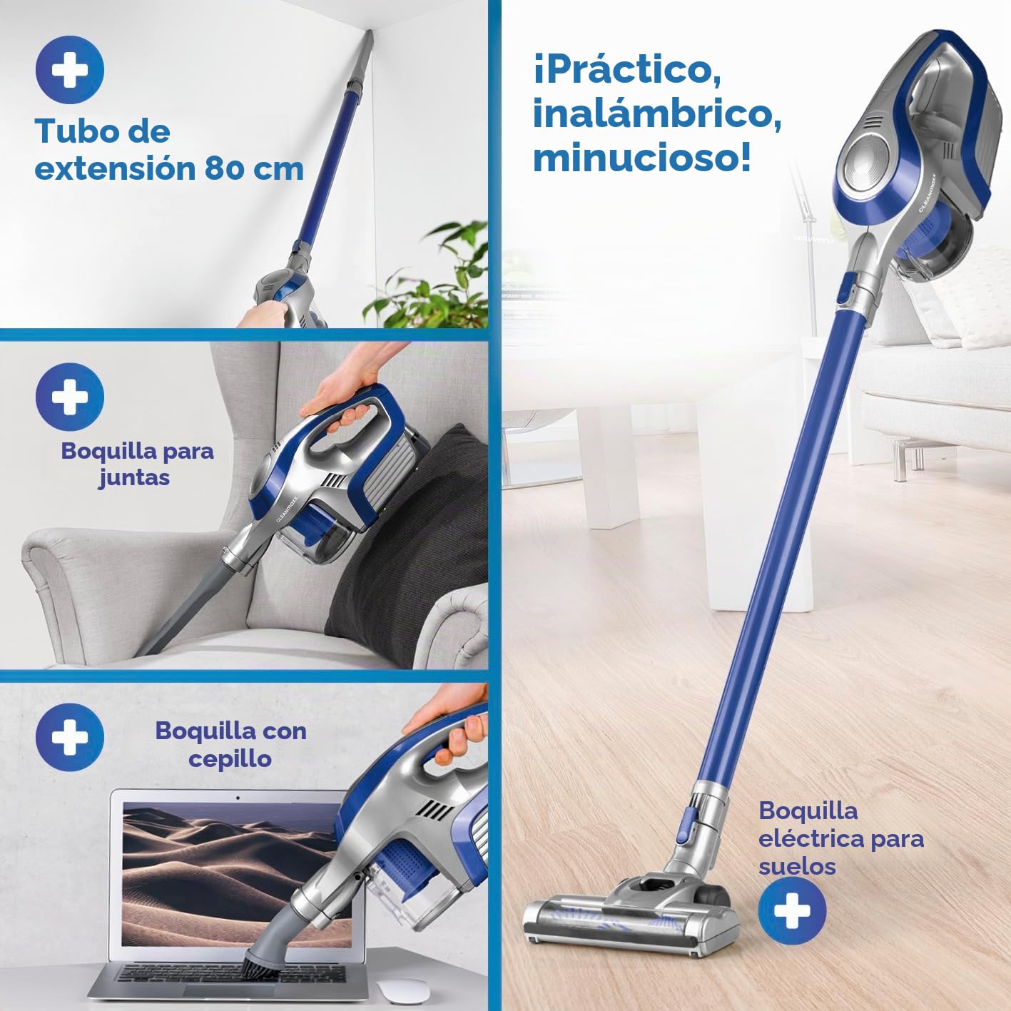 CLEANmaxx Aspiradora ciclónica sin Cable sin Bolsa con batería Recargable | aspiradora de Piso 2 en 1 y aspiradora de Mano, Potente y de bajo Consumo [Azul/Plateado]