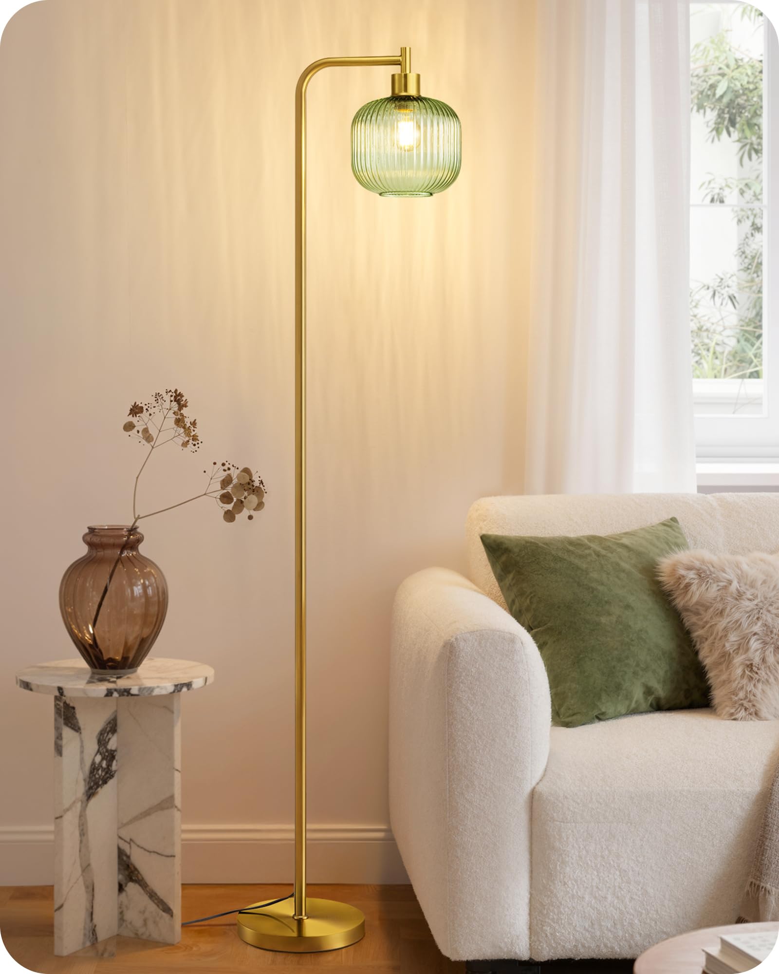 EDISHINE Lampadaire sur Pied Salon, Lampe Arquée avec Abat-Jour en Verre Bonbon Vert Menthe et Structure Métallique Dorée, Lampe de Lecture Moderne avec Ampoule LED E27 2700K, pour Chambre, Bureau