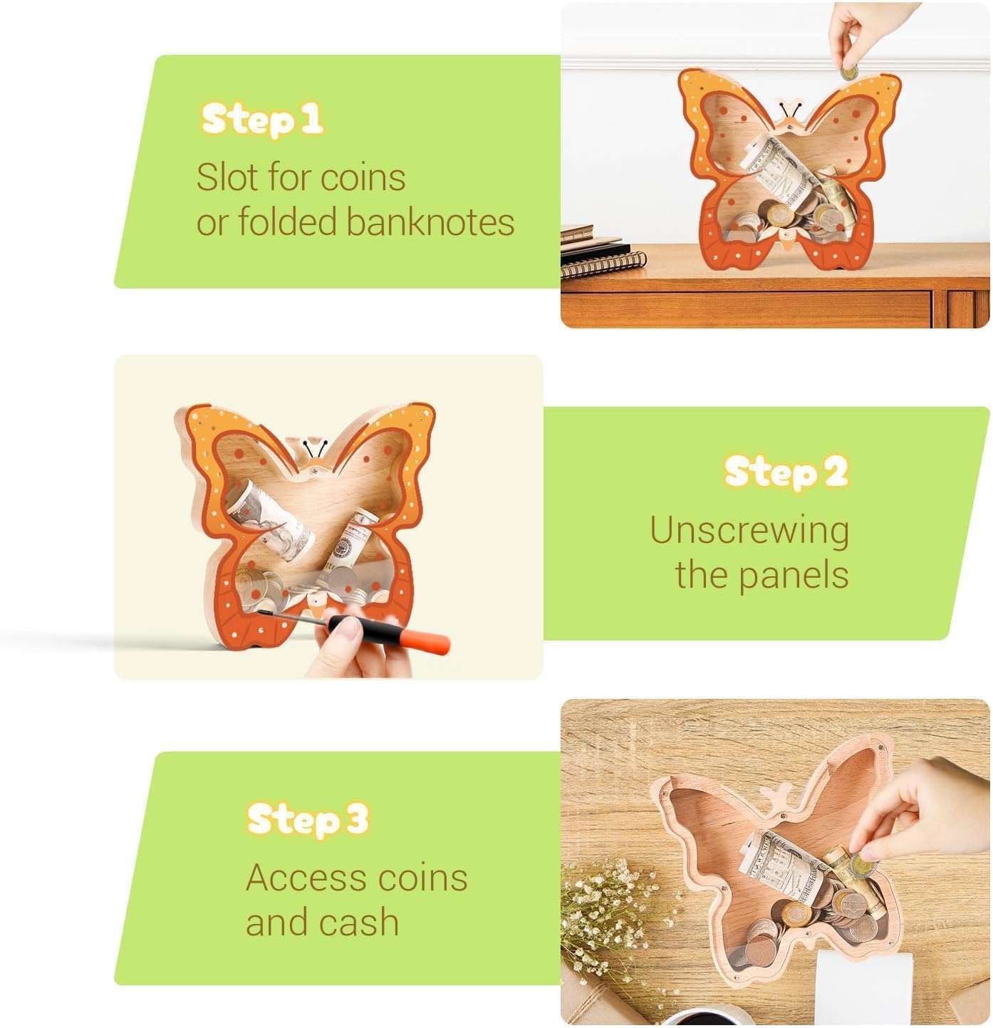 Wooden Butterfly Piggy Bank for Kids, Cute Butterfly Money Bank for Girls Boys, Unbreakable Kids Money Box for Boys Girls Toddlers, Large Coin Bank for Décor, Birthday Gift, Educational Toys