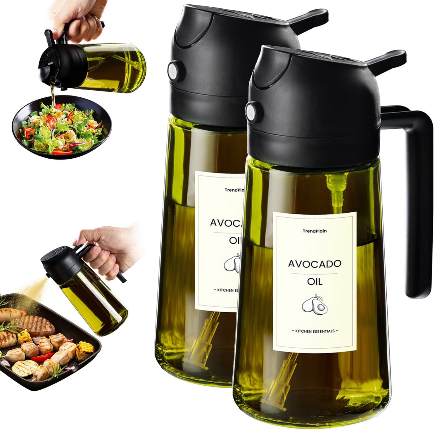 TrendPlain - Original 16oz/470ml Olive Oil Dispenser Bottle for Kitchen Gadgets and Air Fryer Accessories - Olive Oil Sprayer for Cooking w/Stickers - 2 Black