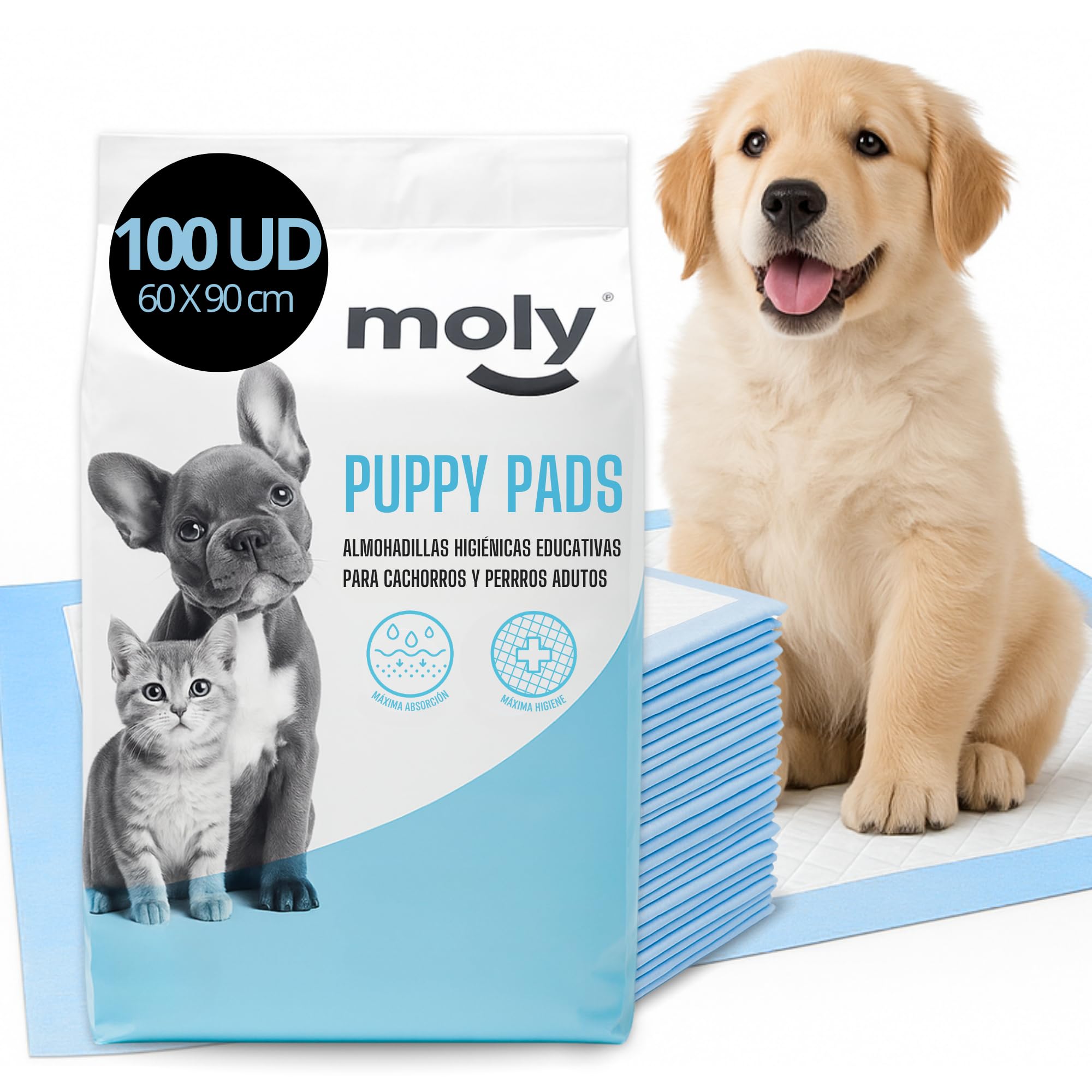 MOLY 100 Empapadores para Perros 90 x 60 cm Desechables | X10 Pack 10 Almohadillas Higiénicas de Adiestramiento Desechables para Mascotas | Neutraliza Olor | Rápida Absorción