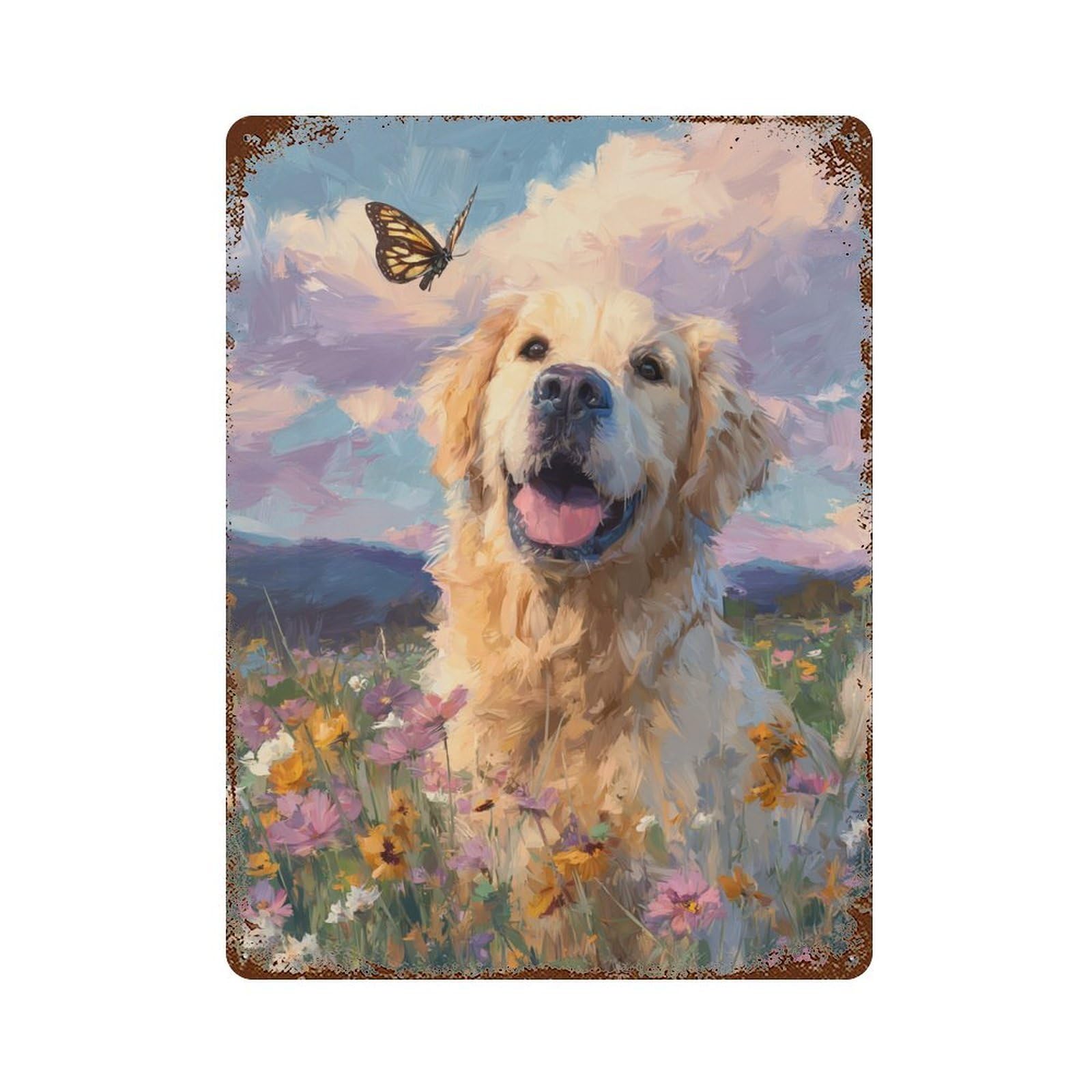 Golden Retriever in Flower Field Weathered Tin Sign 15.7"x11.8", Industrial Home Decor for Basement, Hobby Room And Garage Decor