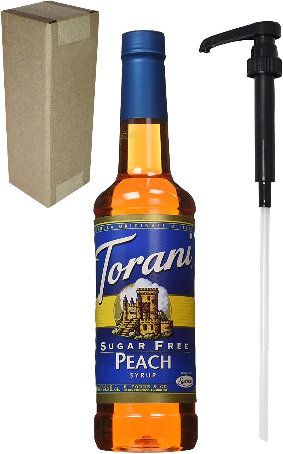 Torani Sugar Free Peach Syrup, 750mL (25.4 Fl Oz) Glass Bottle, Individually Boxed, With Black Pump