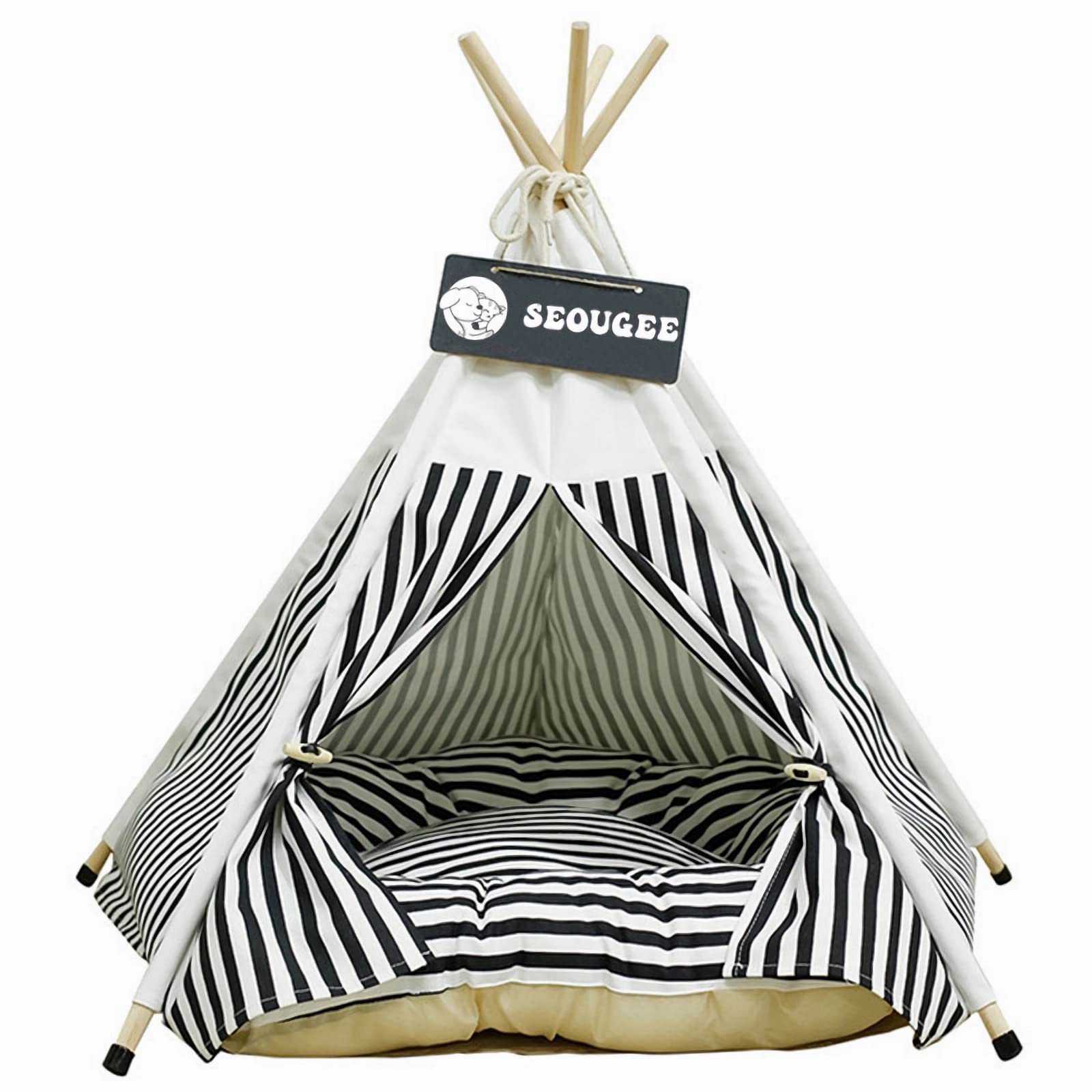 SEOUGEE Pets Teepee Tent for Dogs and Cats Washable and Removable Cotton Canvas Dog Bed and Cat House with Cushion Indoor and Outdoor Pet Kennel and Play House Portable and Stylish Tipi Design