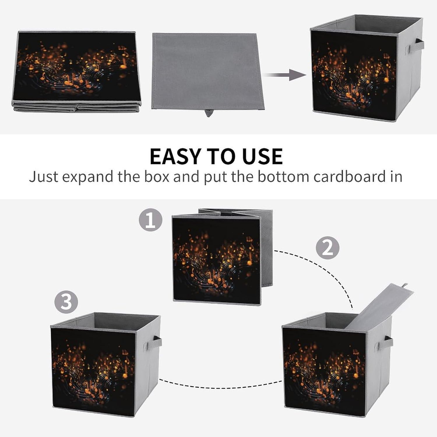 Musical Notes on Dark Background Storage Cubes Set of 6 Storage Bins with Handles Collapsible Storage Basket Fabric Storage Box for Shelves Large Closet Shelf Organizer for Organization 11 Inch