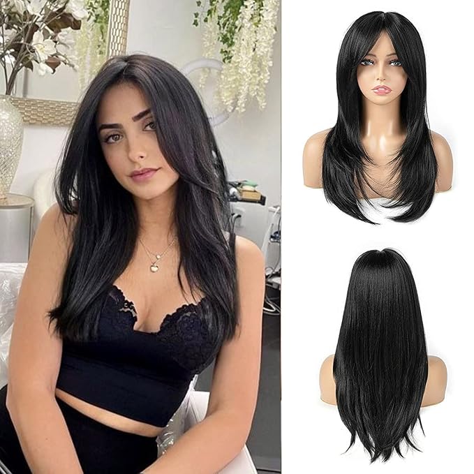 TuTive Black Wigs for Women 22 Inch Layered Wig With Bangs