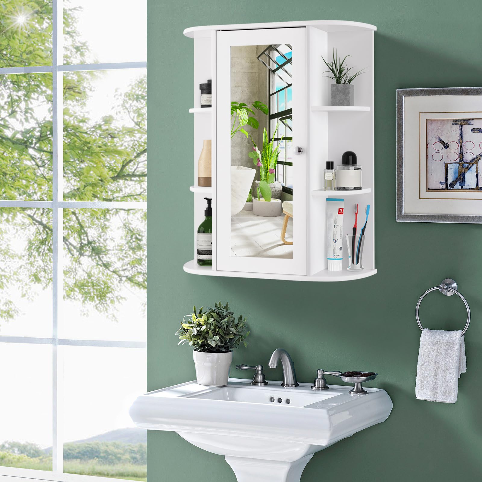 LIFEZEAL Armario de Pared con Espejo de Baño, Mueble de Almacenamiento con 6 Compartimentos Abiertos y Estante Ajustable, Armario Montado en Pared con Puerta para Salón, Cocina, Dormitorio (Blanco)
