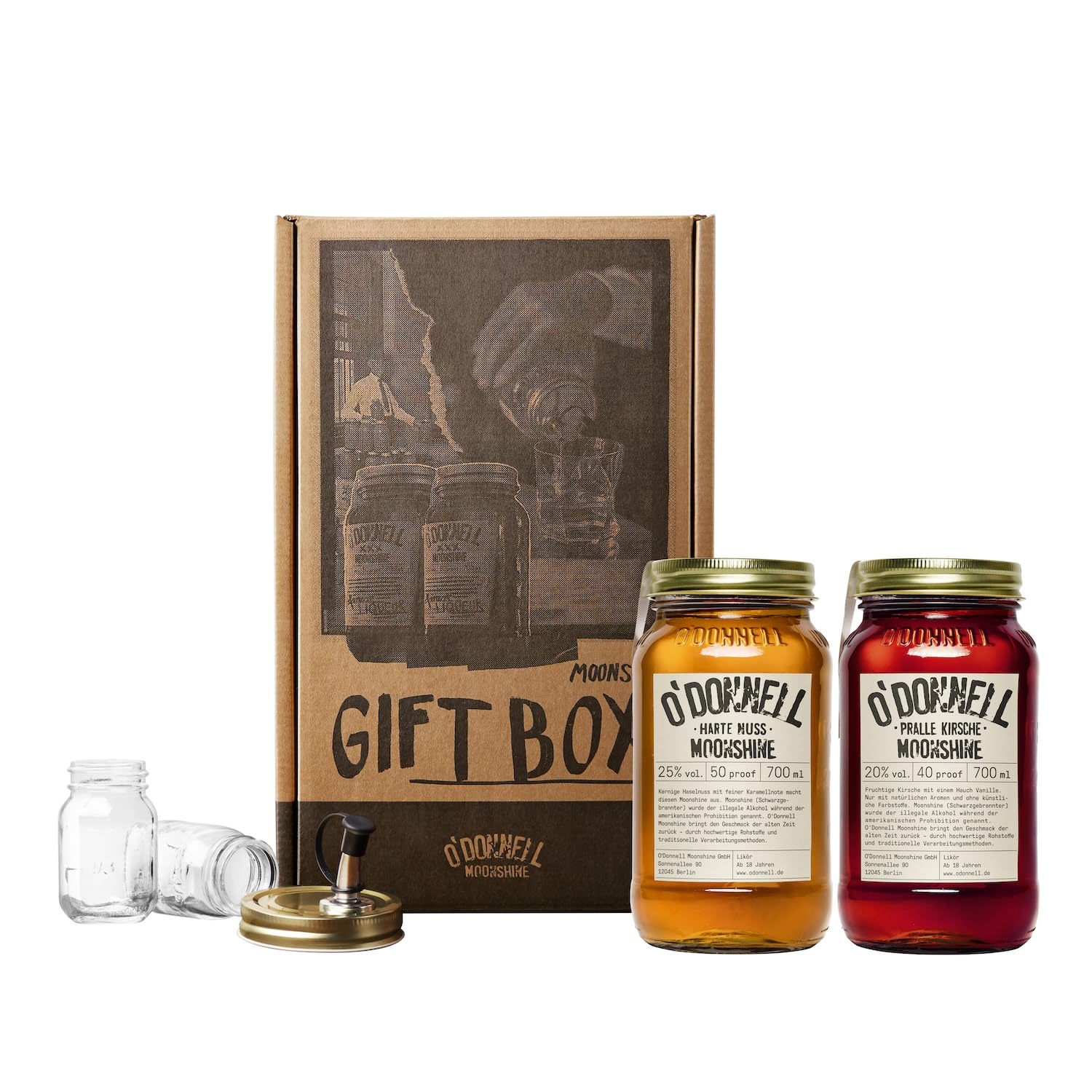 O'Donnell Moonshine Likör Geschenkset Made in Berlin – 2x Premium Cherry Kirsch-Likör & Haselnusslikör (700ml) + 2x Mason Jar Whiskey Gläser + Ausgießer (Geschenk für Männer) in Geschenkbox
