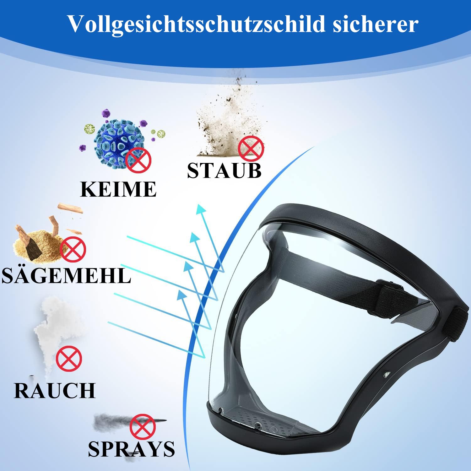 Vsier - Protector facial de plástico (2 unidades) - Equipo de protección facial completo para adultos unisex y adultos, reutilizable, antivaho, transparente, con correa ajustable