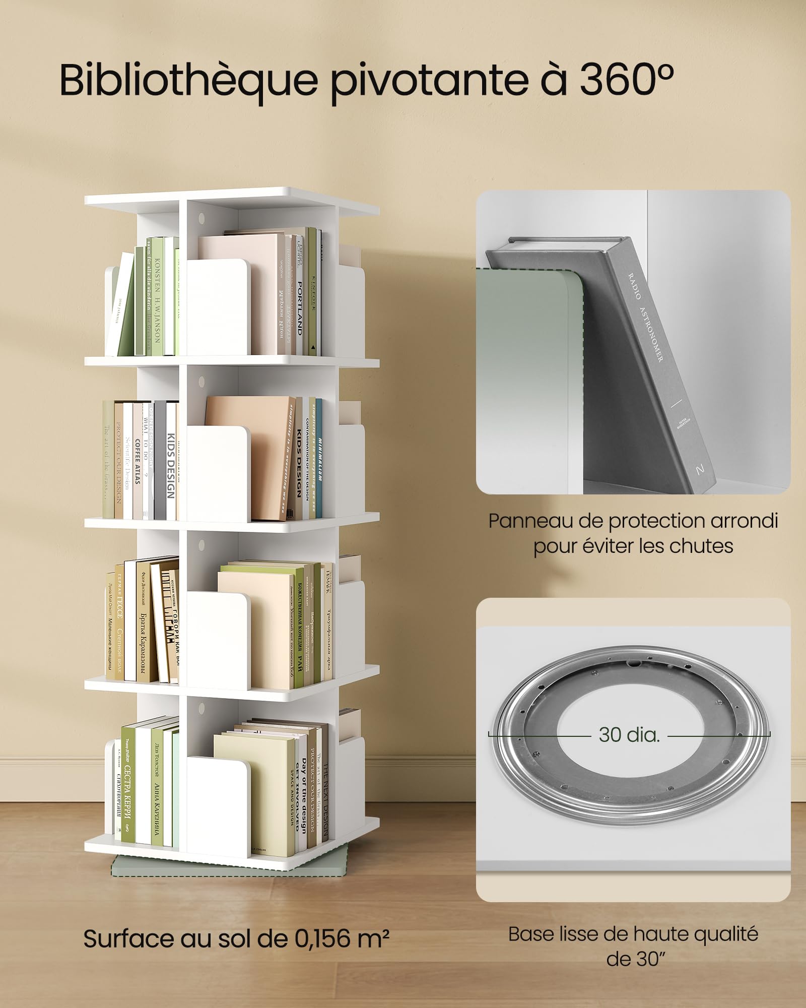 EUGAD Étagère Livre Rotative 360° à 4 Niveaux, Bibliothèque Colonne Tournante, Meuble de Rangement Moderne pour Salon, Bureau, Chambre, 40x40x129 cm, Blanc