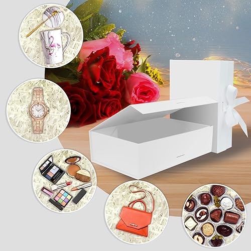 Miniatura 7 de Caja de regalo magnética blanca de 10.5 x 7.5 x 3.1 pulgadas con tapa y cinta para regalos