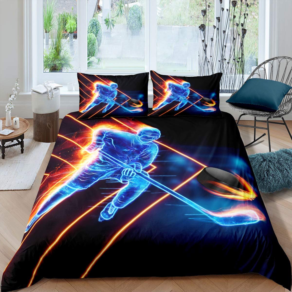 Ice Hockey Bedding Set Hockey Player Comforter Cover for Kids Adult Sports Event Duvet Cover Winter Sports Hobby Bedspread Cover Bright 2Pcs With 1 Pillow Case Single SizeOEKO-TEX STANDARD 100