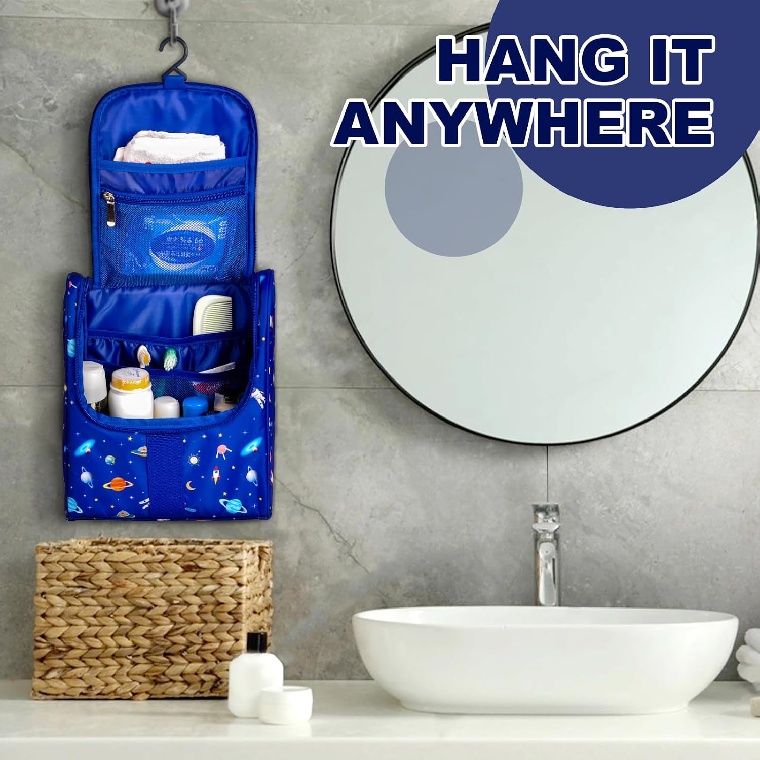 Remobia Hicol Cute Cartoon Hanging Kids Toiletry Bag Children Travel Cosmetic Makeup Organizer Wash Bag Shower bag Over Night Bag Camping Shaving Kit Bag for Boys & Girls (Astronaut)