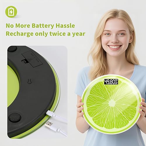 Miniatura 4 de Báscula de baño para peso corporal, recargable, capacidad de hasta 400 libras, no requiere pilas, diseño único de rodajas de lima, pantalla LED
