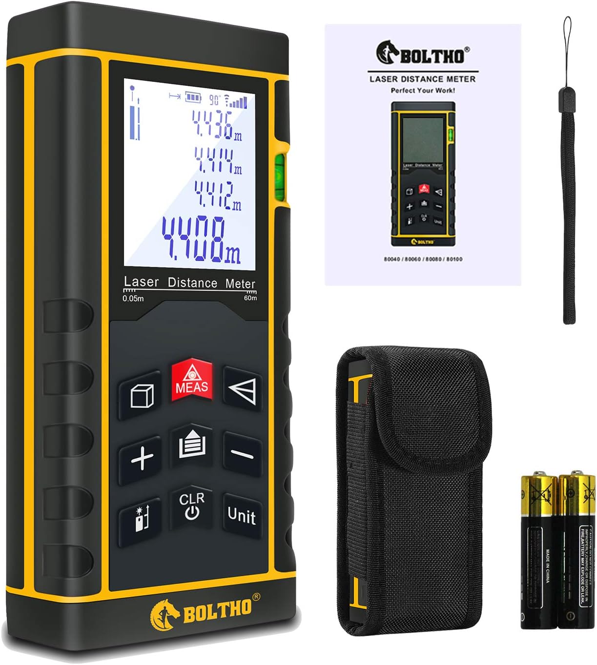 Laser Measure Laser Distance Meter with Electronic Level, Portable High Precision and Backlight LCD Display, Measure Distance, Area and Volume, Pythagorean Mode (196FT/60M)