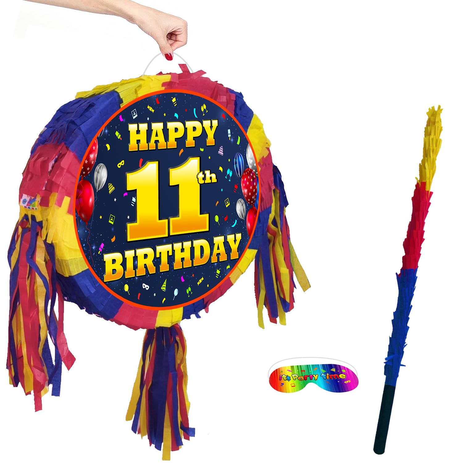 11th birthday pinata with stick - Eleven party game - Big 18 inch, Red, Blue, Yellow - Image 4