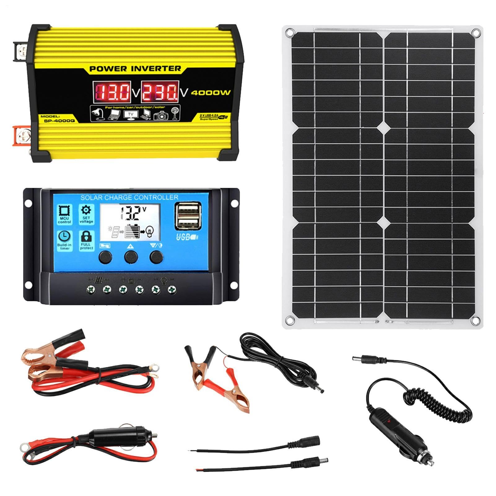Kit Completo de energía Solar,Completo de Panel Solar de 12 voltios Inversor convertidor de 300 vatios | DC12V a AC110/220V 30A Controlador Solar con Puertos USB y Pantalla LED