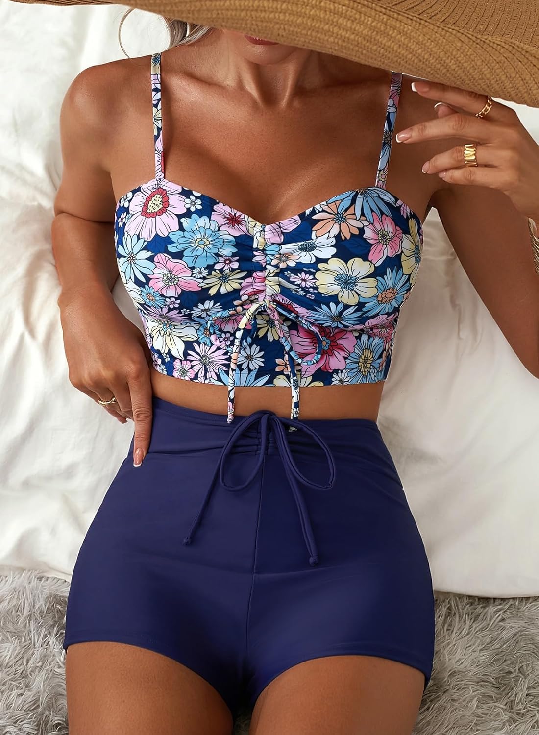 Herseas High Waisted Bikini Sets for Women Floral Print Two Piece Tummy Control Swimsuits Drawstring Short Bathing Suit - Image 3