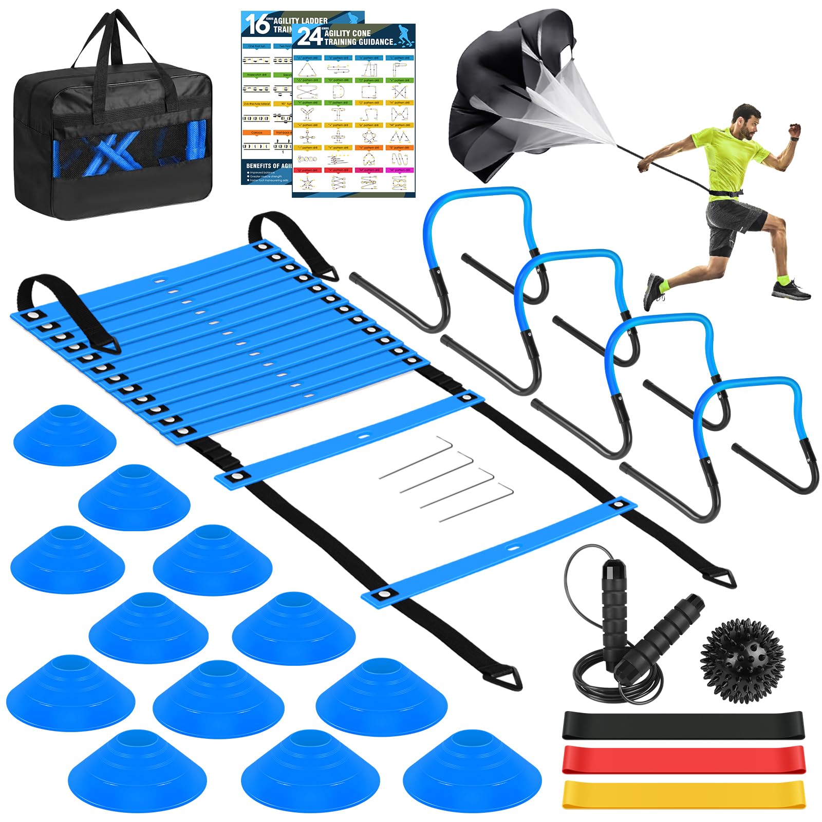 Agility Speed Training Equipment Set - 20ft Speed Ladder, 12 Cones, 4 Adjustable Hurdles, Jump Rope, Parachute, 3 Resistance Bands | Ideal for Basketball, Football, Soccer, for Kids, Youth, Adults