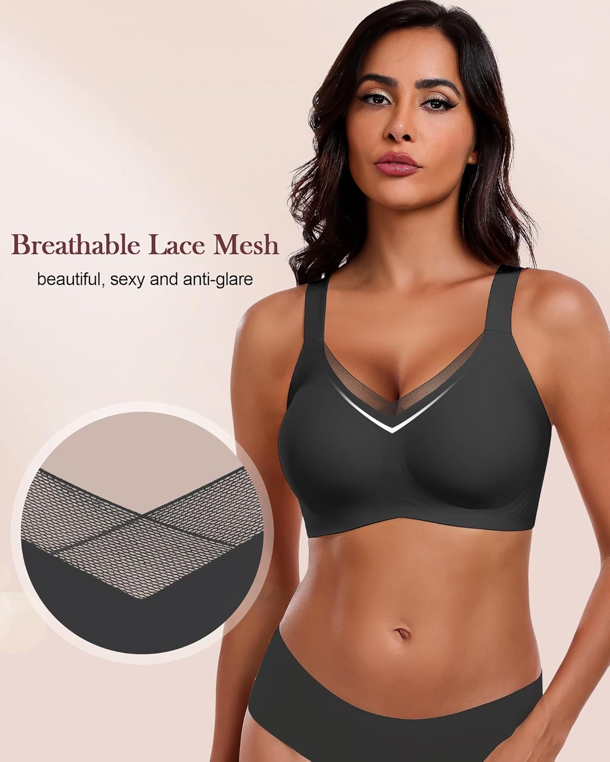 HORISUN Seamless Mesh Lace Bras for Women No Underwire Wireless Bras with Support and Lift Full Coverage Deep V Bralettes - Image 2