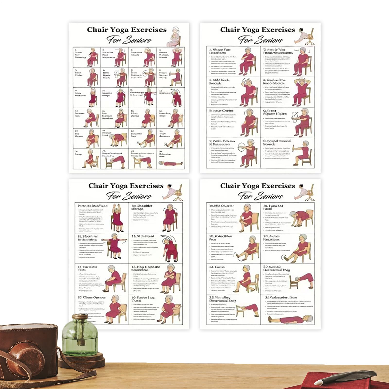 Poster de yoga sur chaise, routines organisées, 5 défis de 30 jours, tableaux d'exercices laminés doux assis, affiche d'entraînement de yoga, affichage polyvalent, pour personnes âgées et
