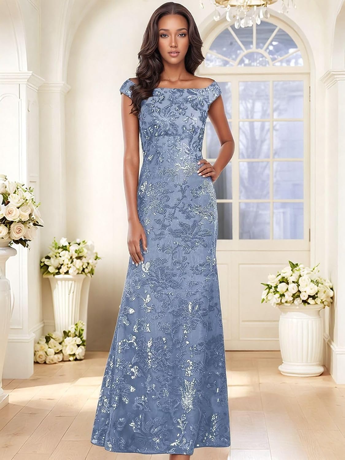 Off Shoulder Sparkly Sequin Mother of The Bride Dresses for Women 2025 Lace Cap Sleeves Formal Wedding Evening Gown Dress