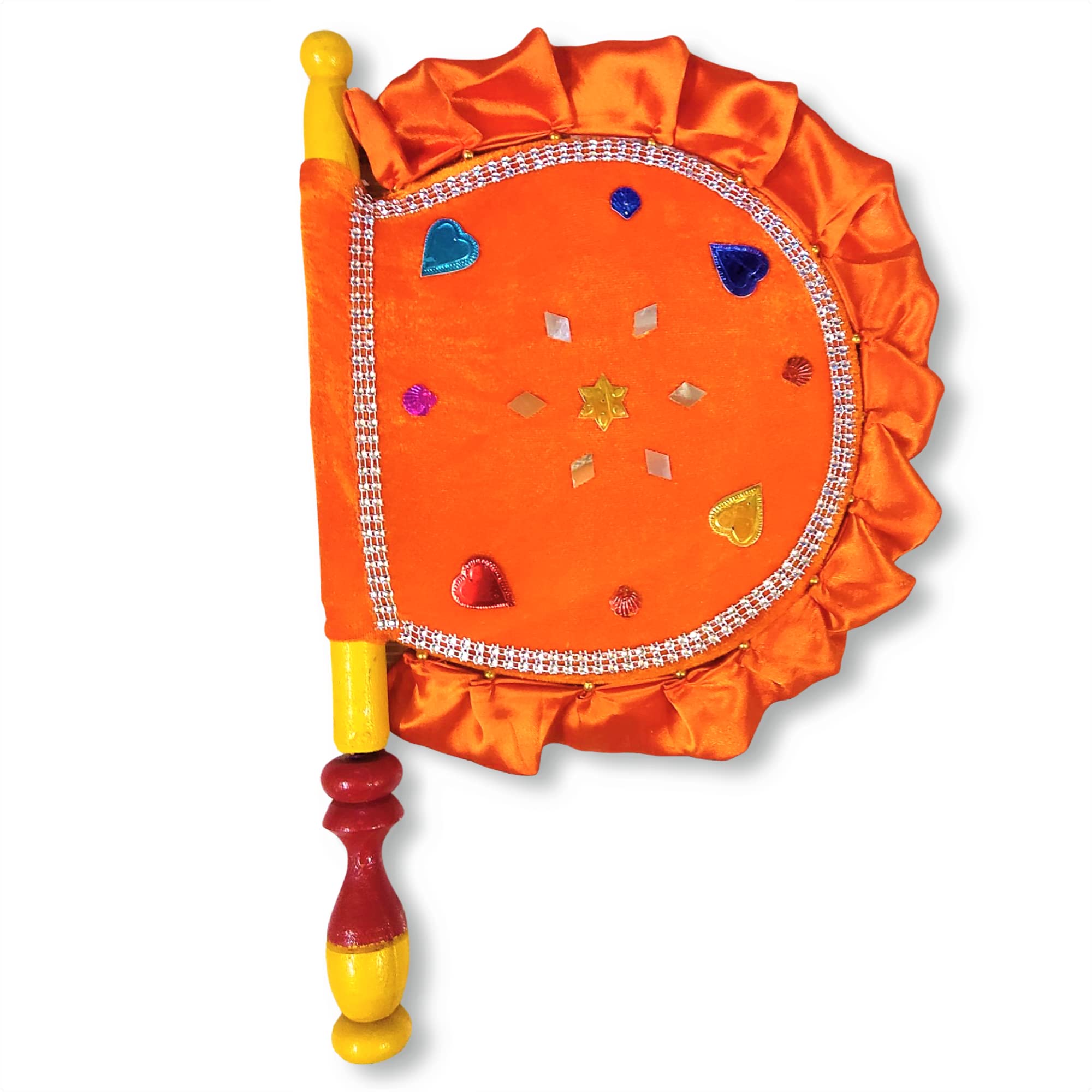 Stonsell Wooden Handcrafted Hand Fan/Beejna Pankha with Valvet Cloth, Royal/Punjabi Hand-Fan with Wooden Handle for Home Décor & Travel use (Multi-Color) (Orange)