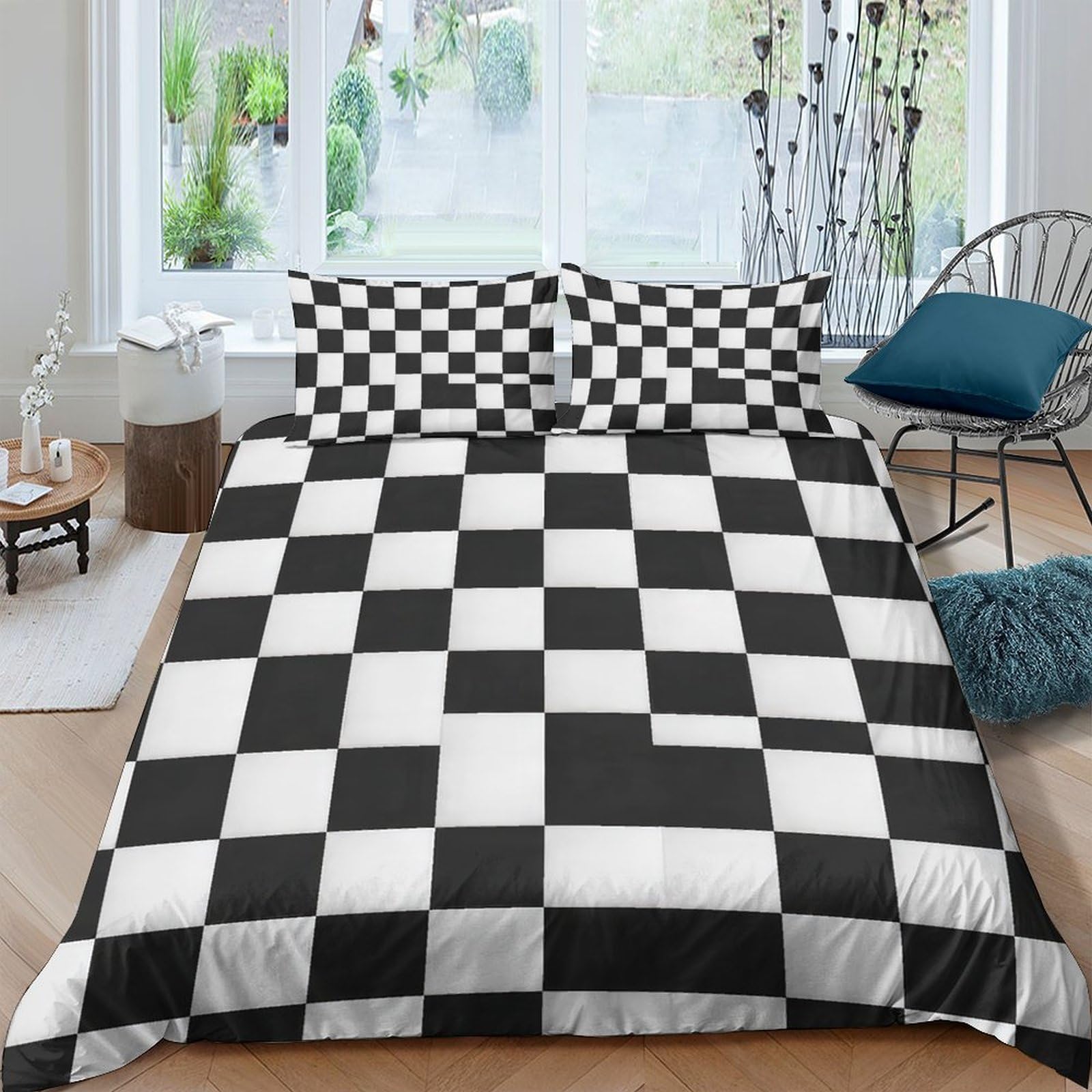 Housse de couette imprimée 3D effet visuel moderne carreaux lit simple
