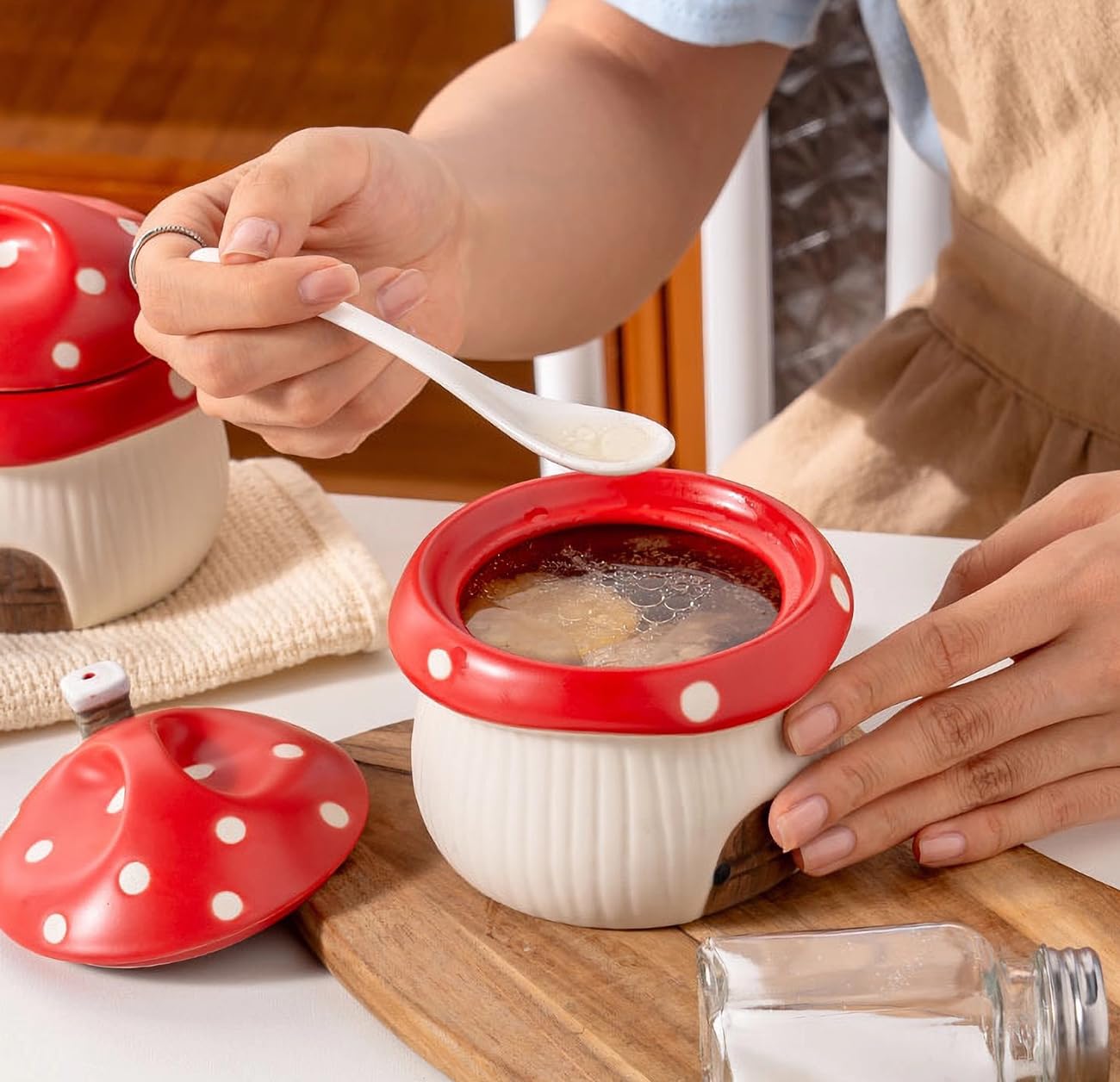 Francuska miska na zupę cebulową z pokrywką, ramekin, zabawna oryginalna miska w stylu domku grzybowego, ciastka lawowe, creme brulee, jajowar. Z otworami wentylacyjnymi odprowadzającymi