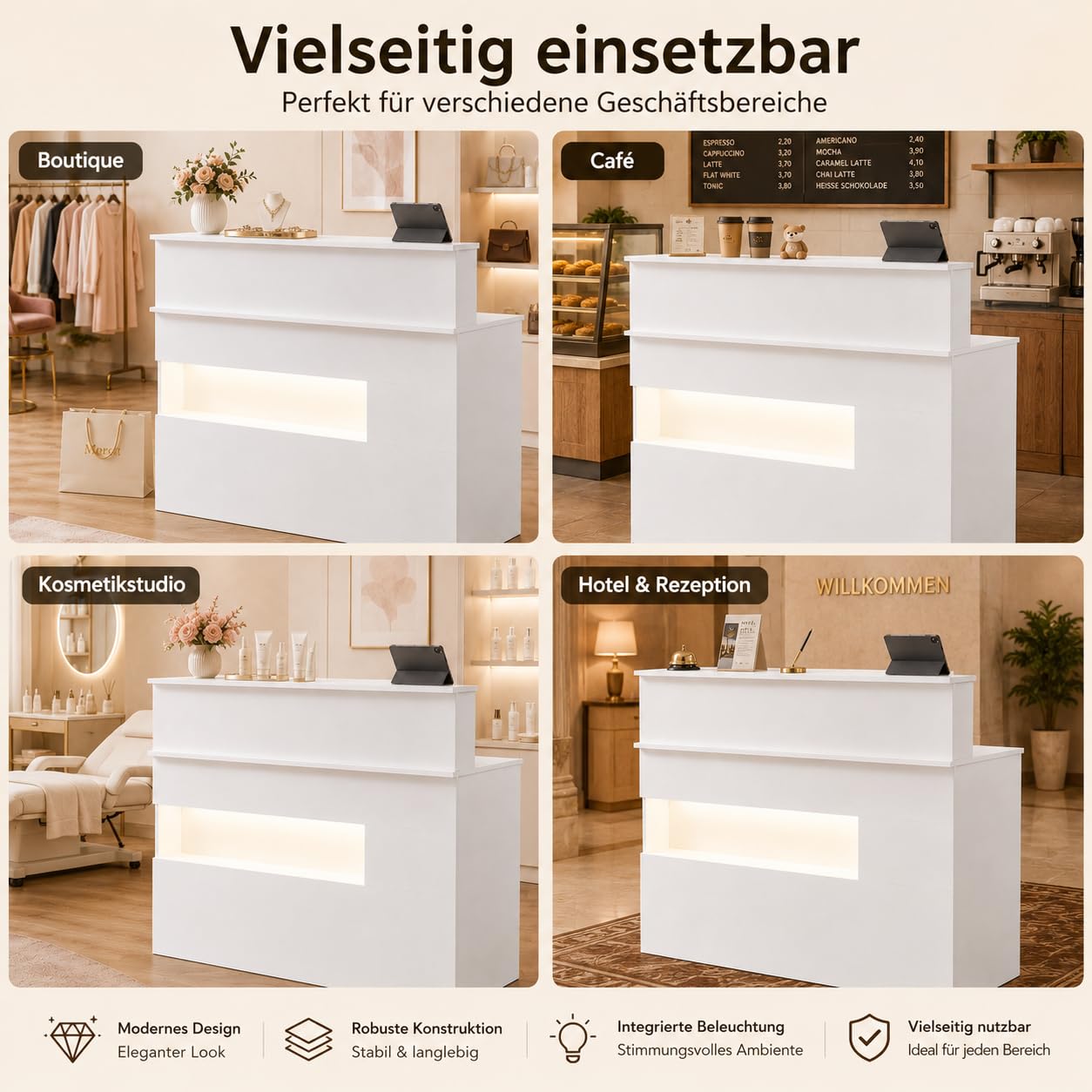 Empfangstheke Weiß 50 x 120 x 100 cm mit Schubladen für Hotel und Geschäft