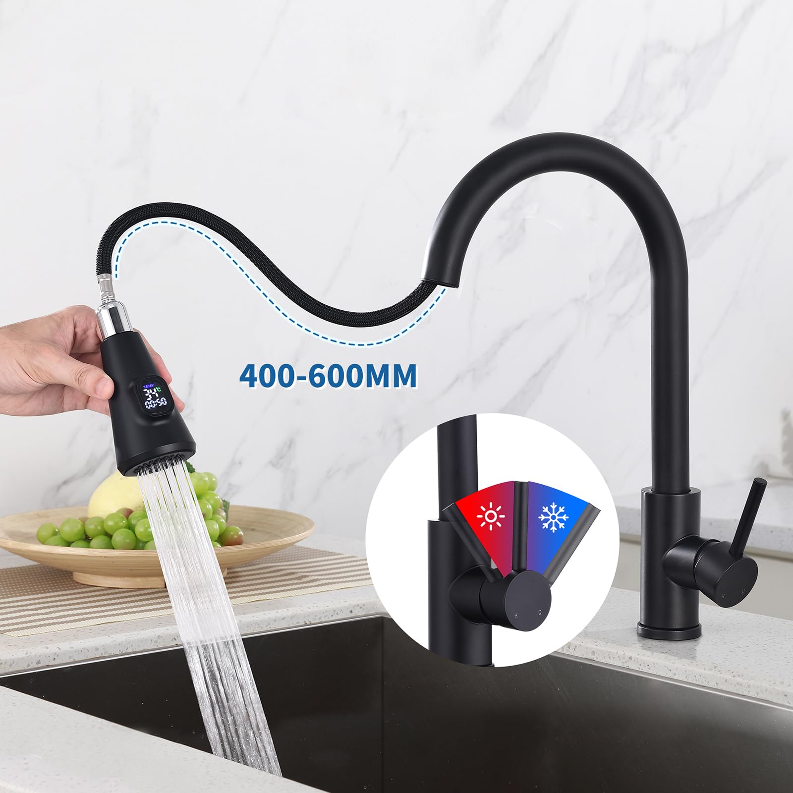 HOMELODY Wasserhahn Küche Schwarz mit LED Temperaturanzeige, Küchenarmatur Ausziehbar, Hochdruck Mischbatterie Spültischarmatur aus Edelstahl mit 2 Strahlarten, Einfache Installation