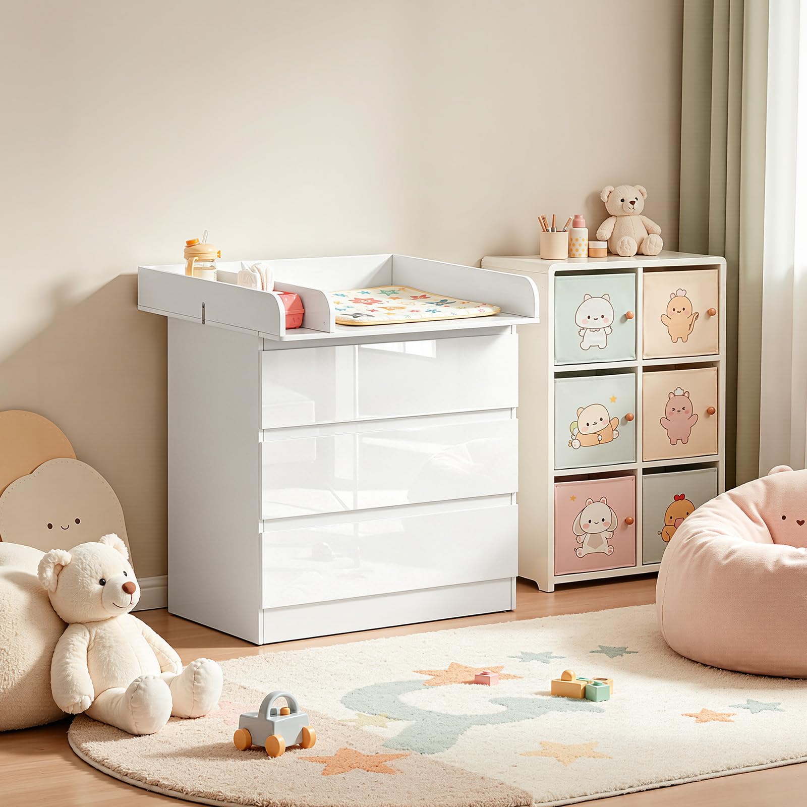 WOLTU Mueble Cambiador para Bebé, Cómoda con 3 Cajones, Cambiador Bebé 80x74,5 cm, Dividido en 2 Zonas, Cajonera de 48x80x78 cm, Blanco