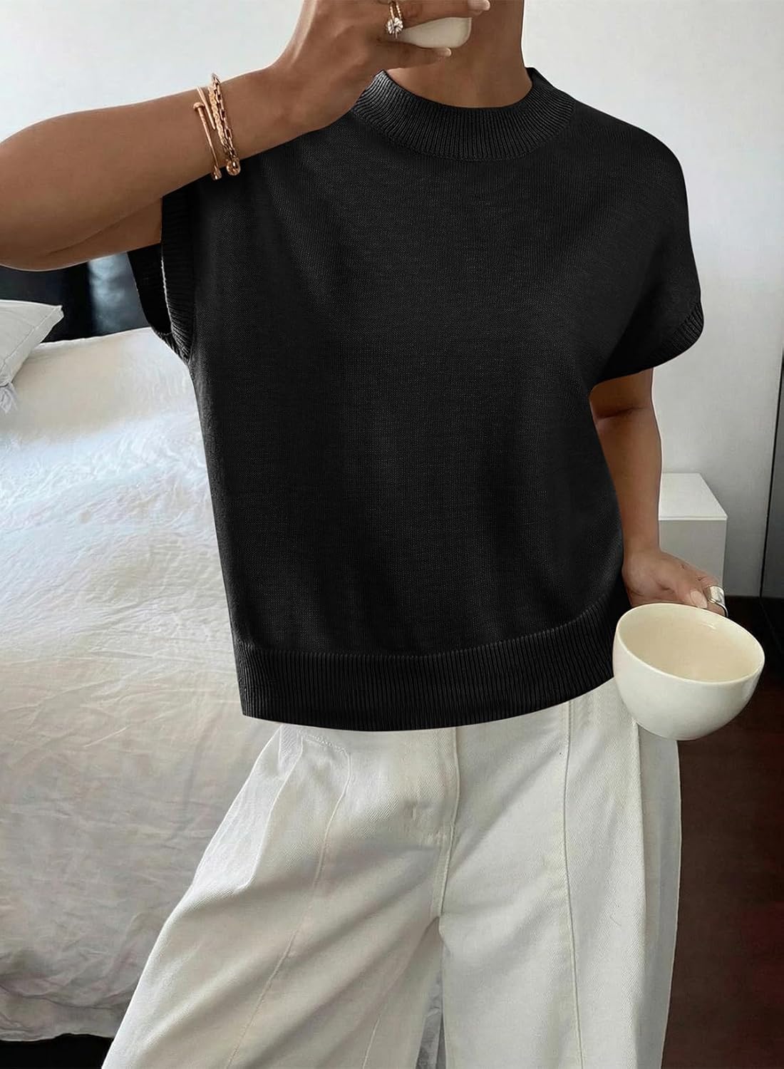 BLENCOT Womens Cap Sleeve Sweaters Summer Casual Short Sleeve Knit Tank Tops Loose Fit Crew Neck Pullover - Image 2